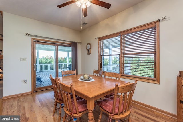 dining area featuring light hardwood / wood-style flooring and ceiling fan