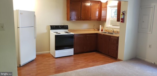 kitchen with electric panel, light hardwood / wood-style flooring, sink, and white appliances