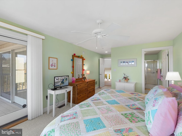 carpeted bedroom featuring access to outside, connected bathroom, and ceiling fan