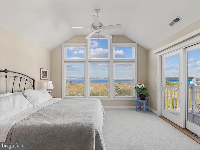 bedroom with access to outside, multiple windows, and carpet flooring