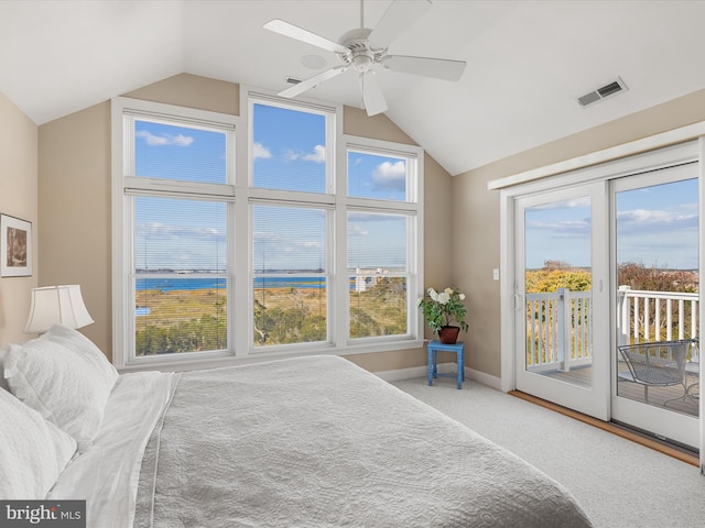 bedroom featuring lofted ceiling, carpet flooring, access to outside, and ceiling fan