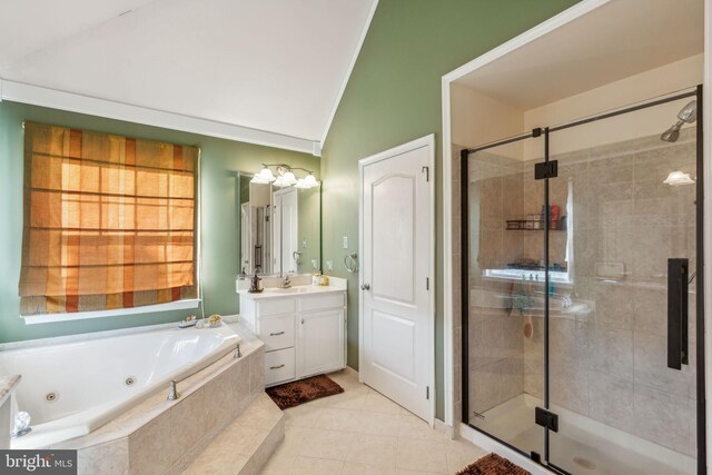 bathroom featuring vanity, plus walk in shower, lofted ceiling, and tile patterned floors