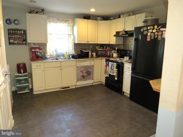 kitchen featuring backsplash, black appliances, sink, and white cabinetry