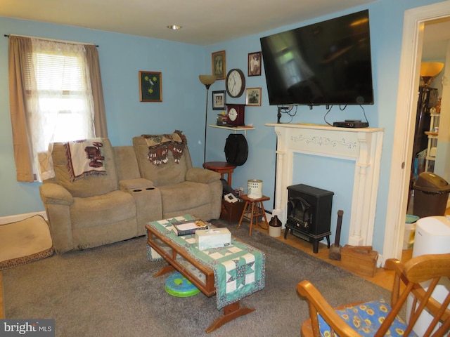 living room featuring a wood stove