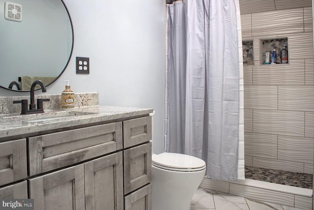 bathroom featuring vanity, a shower with curtain, and toilet