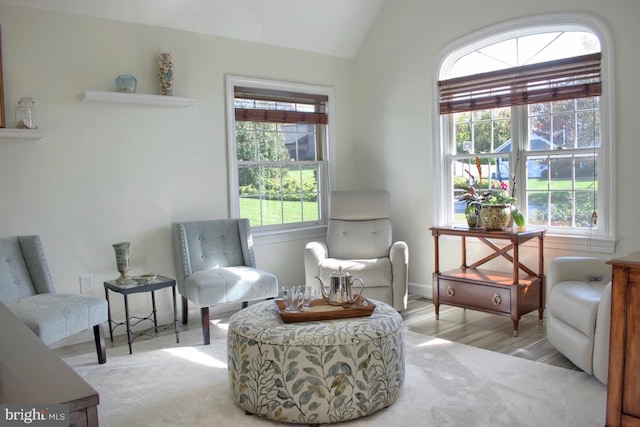 sitting room with vaulted ceiling, light hardwood / wood-style flooring, and a healthy amount of sunlight