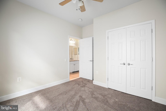 unfurnished bedroom featuring light colored carpet, ceiling fan, and a closet