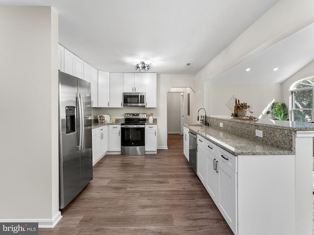 kitchen featuring white cabinets, dark hardwood / wood-style floors, appliances with stainless steel finishes, light stone counters, and kitchen peninsula