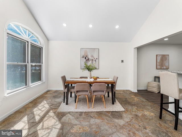 dining room featuring dark hardwood / wood-style flooring, plenty of natural light, and vaulted ceiling