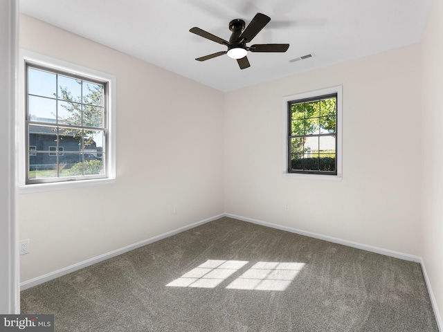 spare room featuring ceiling fan, plenty of natural light, and carpet floors