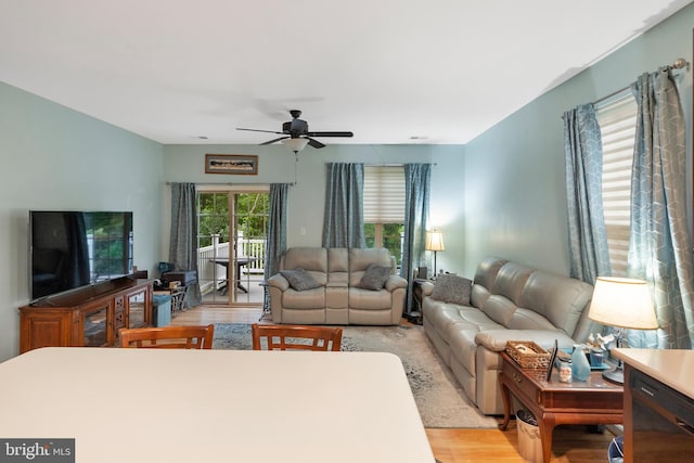 living room with ceiling fan and light wood-type flooring