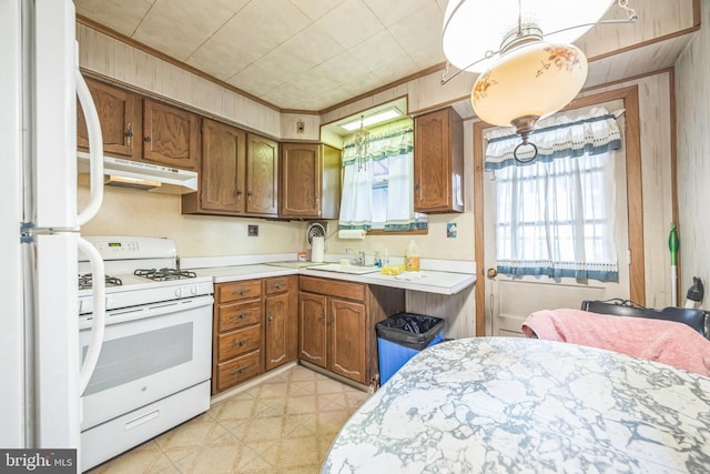 kitchen featuring sink, plenty of natural light, wood walls, and white appliances