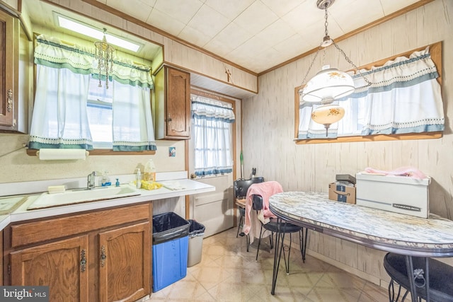 bathroom with vanity, wooden walls, and crown molding