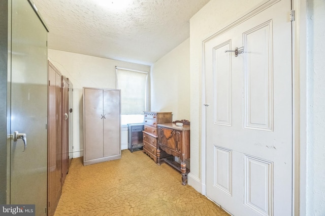 hallway featuring light colored carpet and a textured ceiling