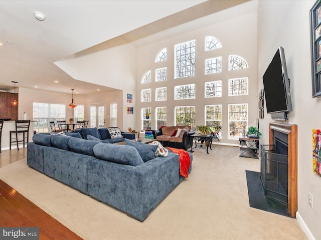 living room featuring wood-type flooring and a towering ceiling