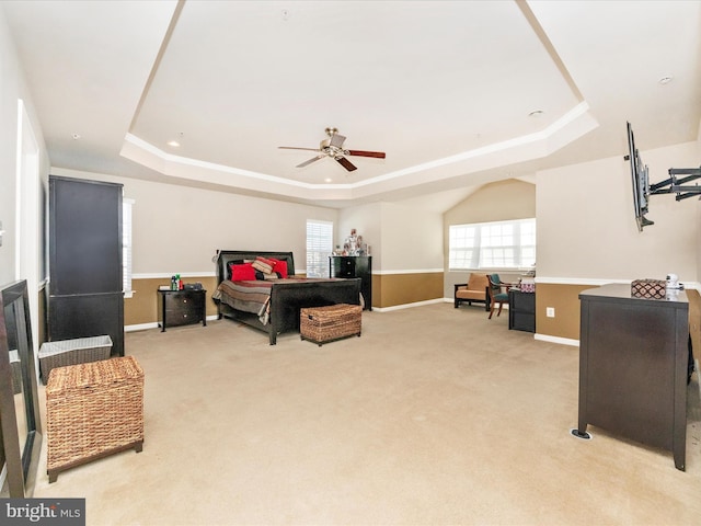 carpeted bedroom with a raised ceiling