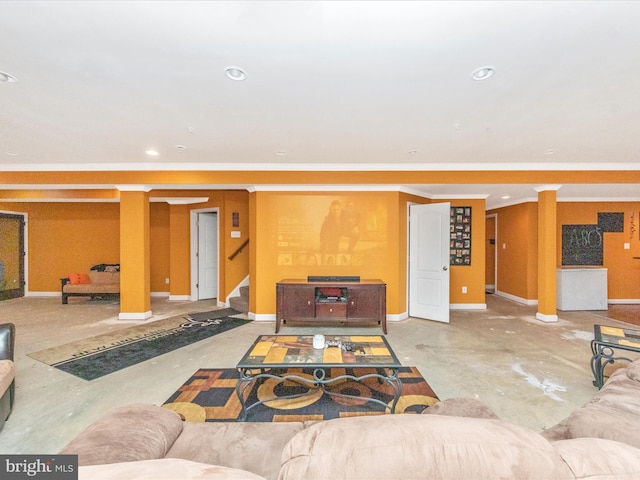 living room with crown molding