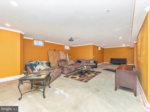 living room with crown molding