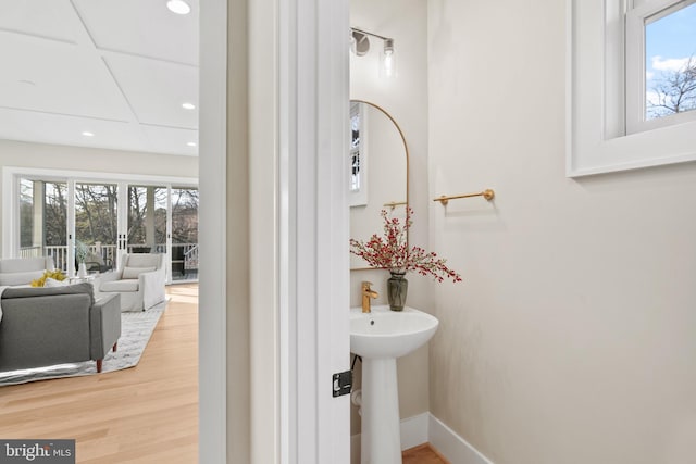 bathroom with wood-type flooring