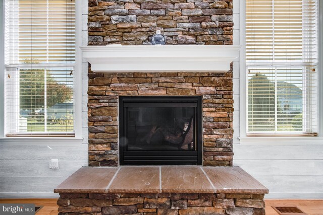 room details with wood-type flooring and a fireplace