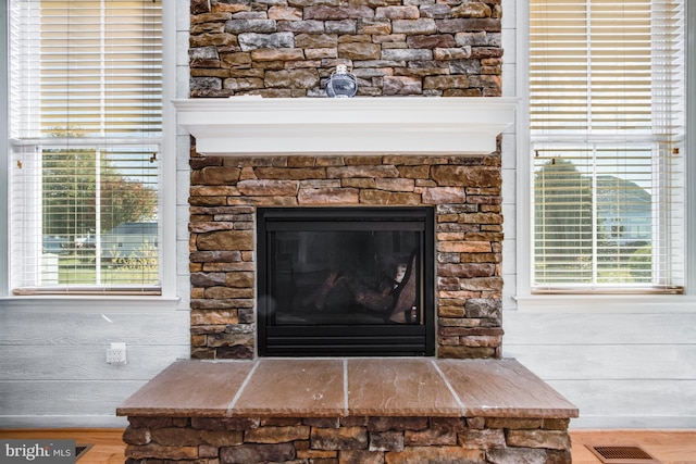 details featuring visible vents, wood finished floors, and a fireplace