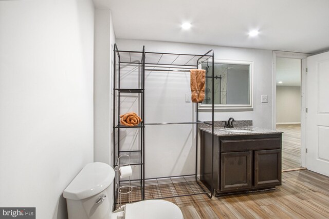 bathroom featuring vanity, toilet, and hardwood / wood-style flooring