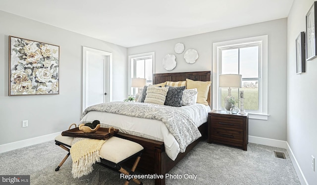 bedroom with multiple windows and carpet