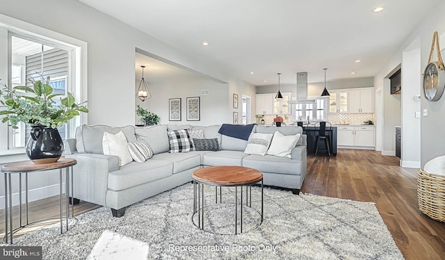 living room with dark wood-type flooring