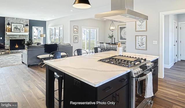 kitchen featuring exhaust hood, wood-type flooring, a breakfast bar, high end stainless steel range, and a center island