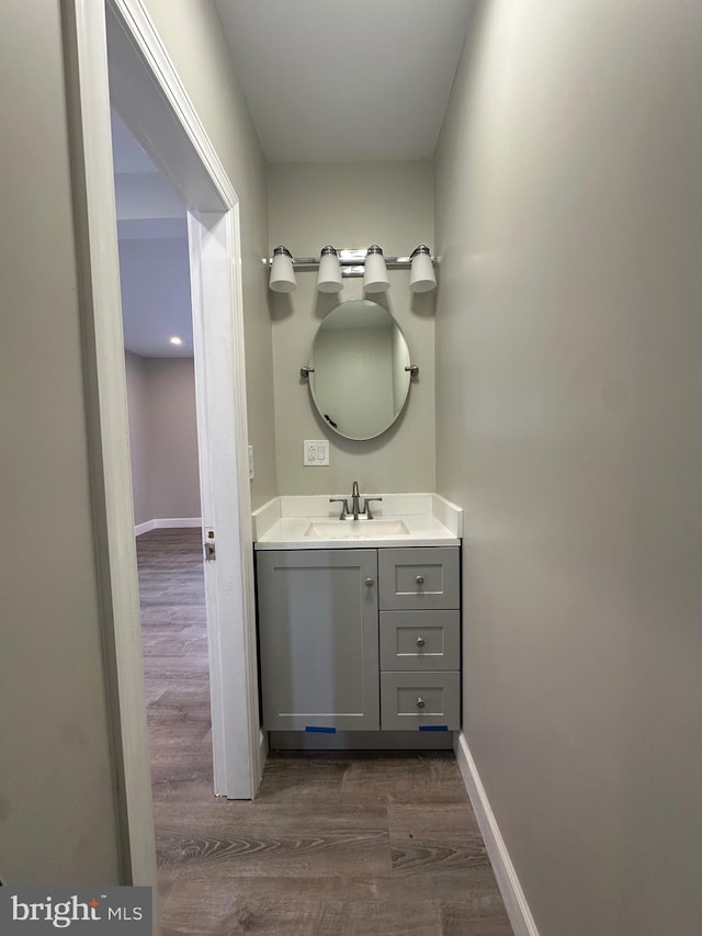 bathroom with hardwood / wood-style flooring and vanity