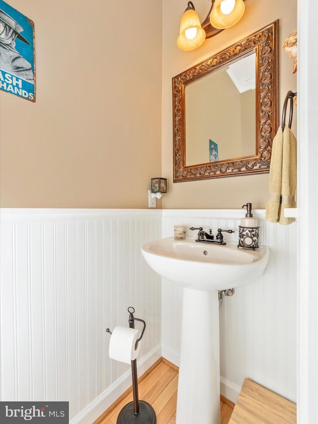 bathroom with hardwood / wood-style floors