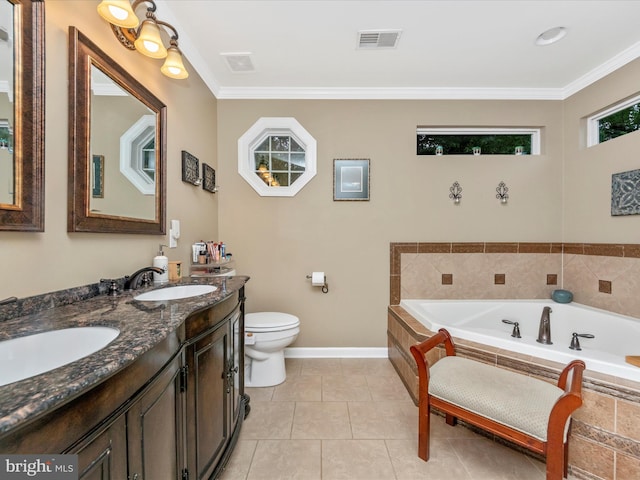 bathroom featuring vanity, tile patterned flooring, tiled tub, crown molding, and toilet