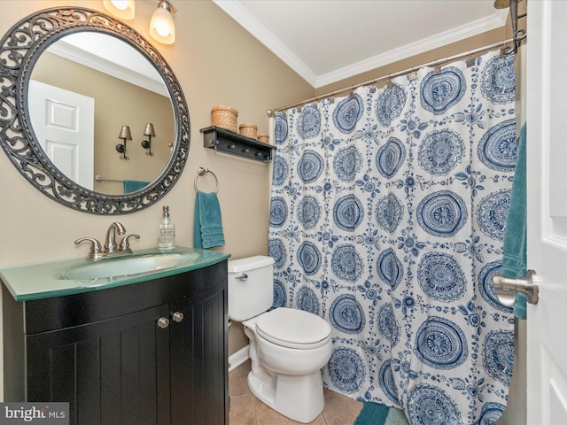 bathroom with vanity, tile patterned floors, crown molding, curtained shower, and toilet