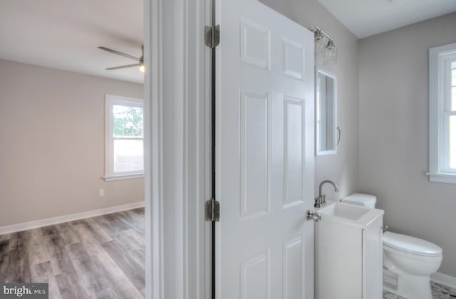 bathroom featuring ceiling fan, hardwood / wood-style flooring, sink, and toilet