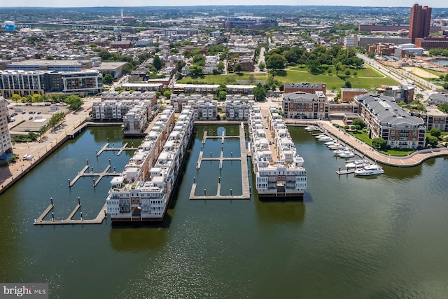 drone / aerial view featuring a water view