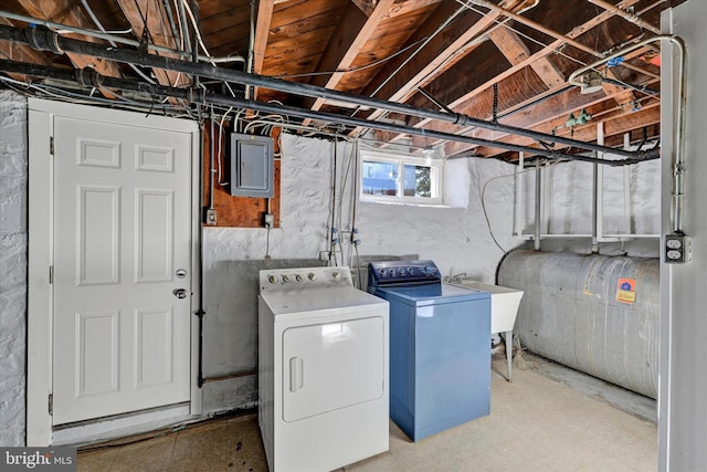 laundry room with sink, washing machine and dryer, and electric panel