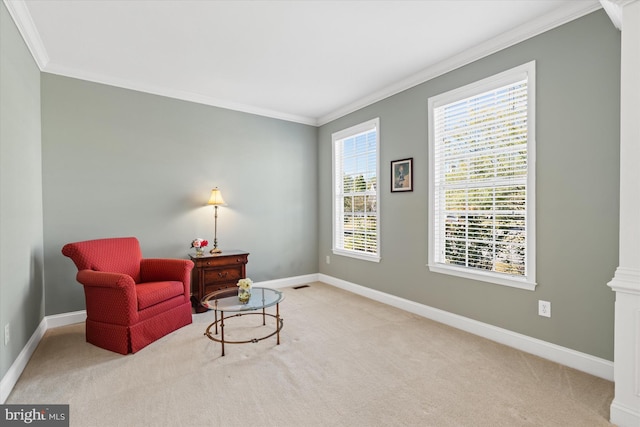 sitting room featuring light colored carpet and crown molding