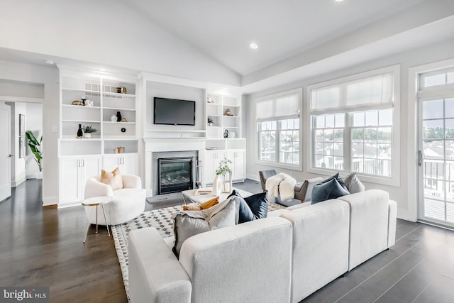 living room with lofted ceiling, dark hardwood / wood-style floors, and a healthy amount of sunlight