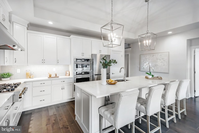 kitchen featuring an island with sink, dark hardwood / wood-style floors, sink, white cabinetry, and appliances with stainless steel finishes