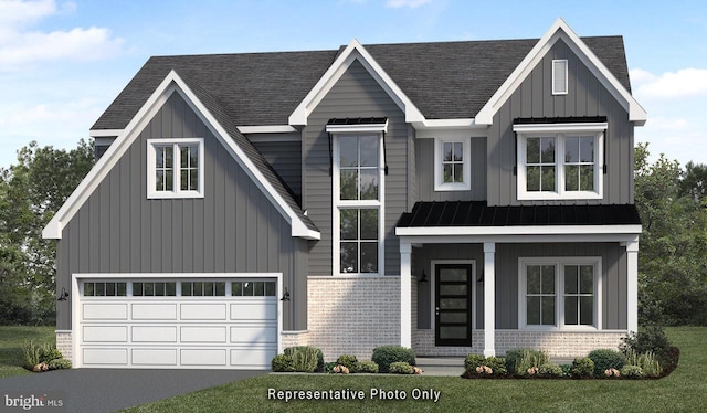 modern inspired farmhouse featuring driveway, an attached garage, a standing seam roof, board and batten siding, and brick siding