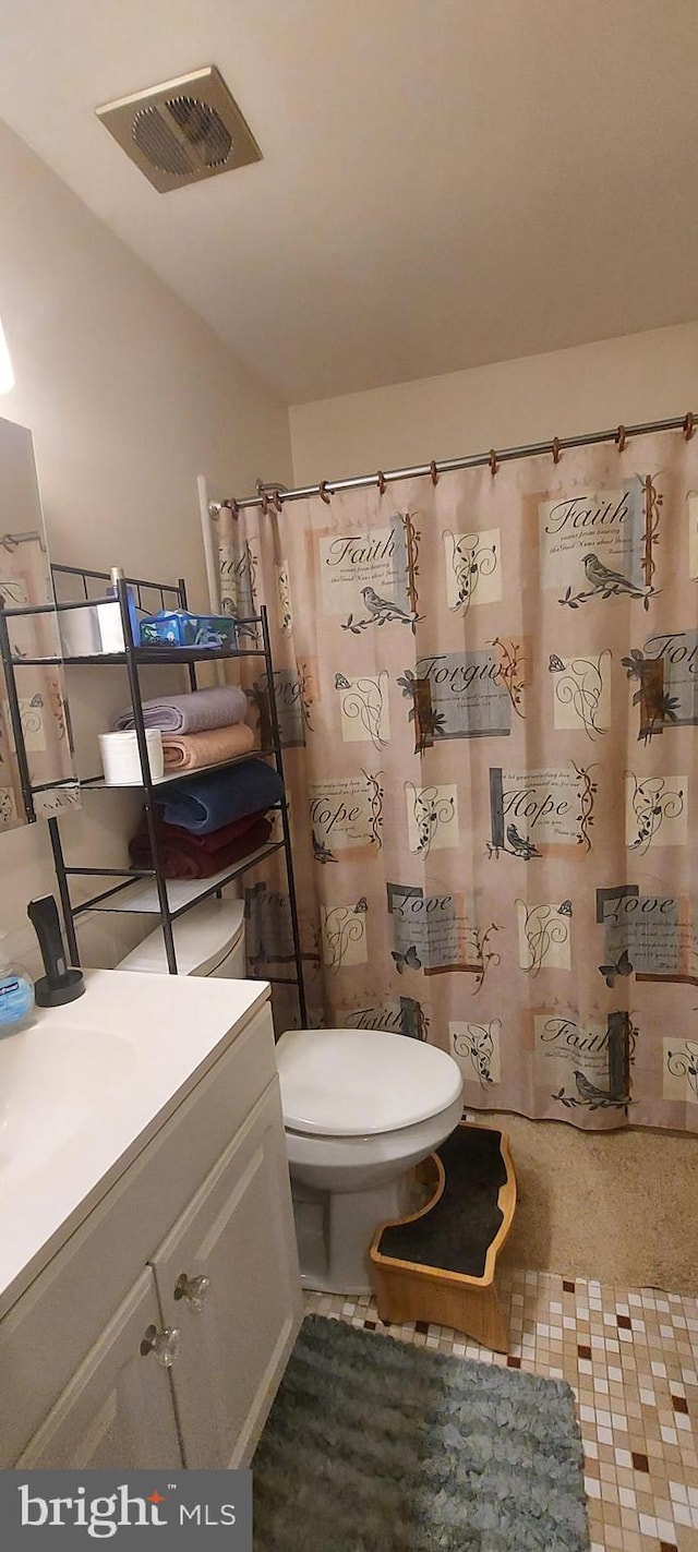 bathroom with vanity, walk in shower, and toilet