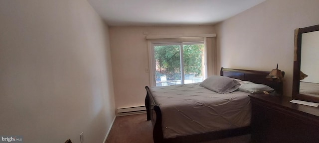 carpeted bedroom with a baseboard radiator and access to outside