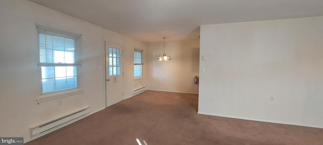 doorway featuring baseboards, a notable chandelier, baseboard heating, and carpet flooring