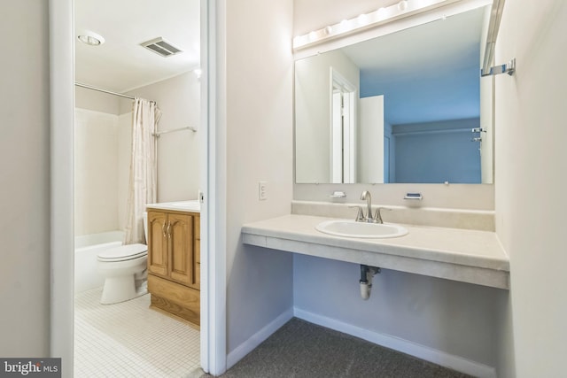 full bathroom featuring vanity, shower / bath combo, toilet, and tile patterned floors