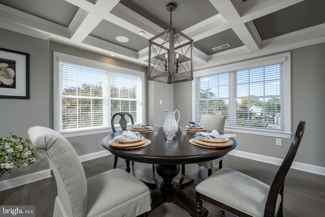 dining room featuring an inviting chandelier, coffered ceiling, crown molding, and dark hardwood / wood-style flooring