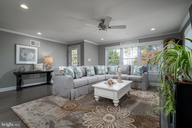 living room featuring crown molding, ceiling fan, and dark hardwood / wood-style flooring