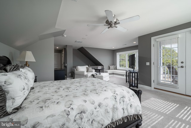 bedroom featuring ceiling fan, carpet, and access to exterior