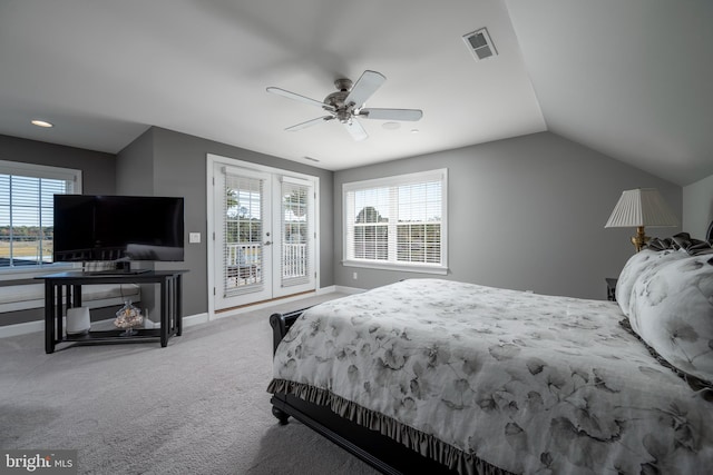 carpeted bedroom with french doors, ceiling fan, access to outside, and vaulted ceiling