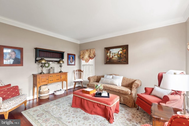 living room featuring wood-type flooring and crown molding