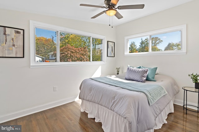 bedroom featuring ceiling fan, vaulted ceiling, multiple windows, and dark hardwood / wood-style flooring